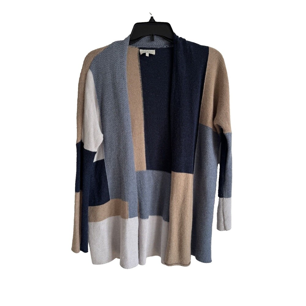 Lucky Brand Blue & Tan Cardigan Sweater Wool Cashmere Viscose Blend Oversized
